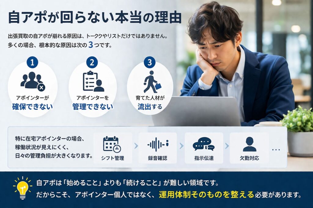 出張買取のテレアポでアポインターの確保や管理に悩む担当者のイメージ
